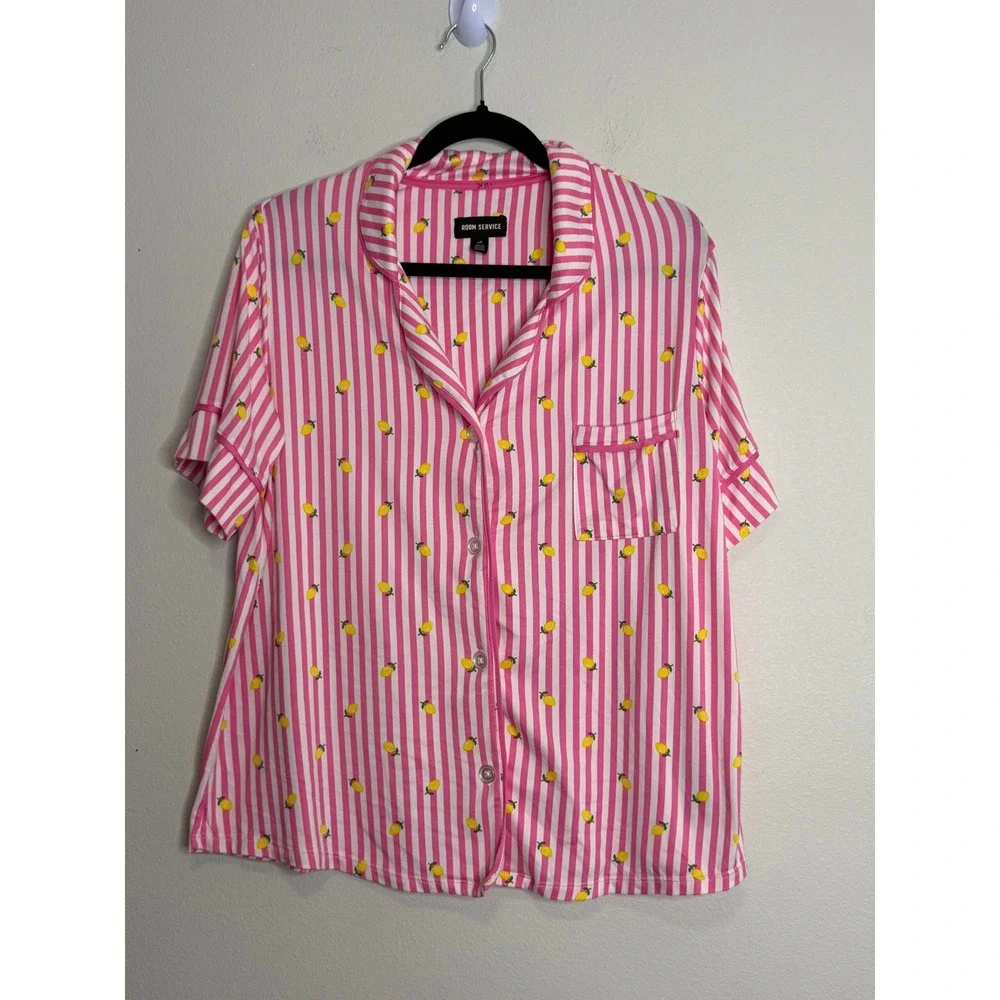 Room Service Pajama Set Large Pink White Striped Lemon Print Short Sleeve Pants
